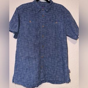 Patagonia Shirt Men’s Size L Blue Hemp Back Step Short Sleeve Button Up Hiking